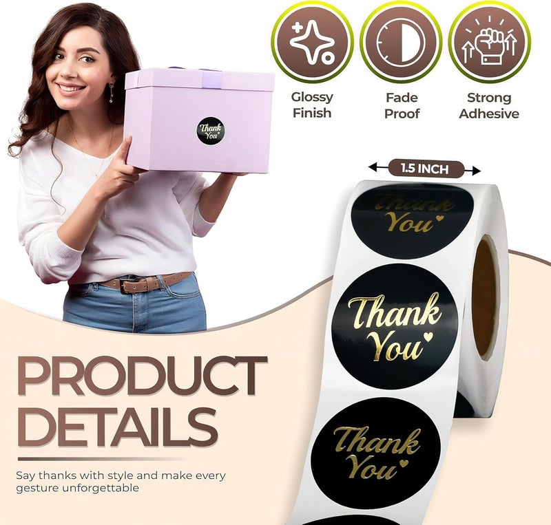 IBAKE 500 Thank You Stickers Roll – 1.5 Inch Black and Gold Foil Round Labels – Elegant Thank You Stickers Small Business Packaging, Envelopes, Gift Bags, Orders, Party Favors, Crafts - Image 2